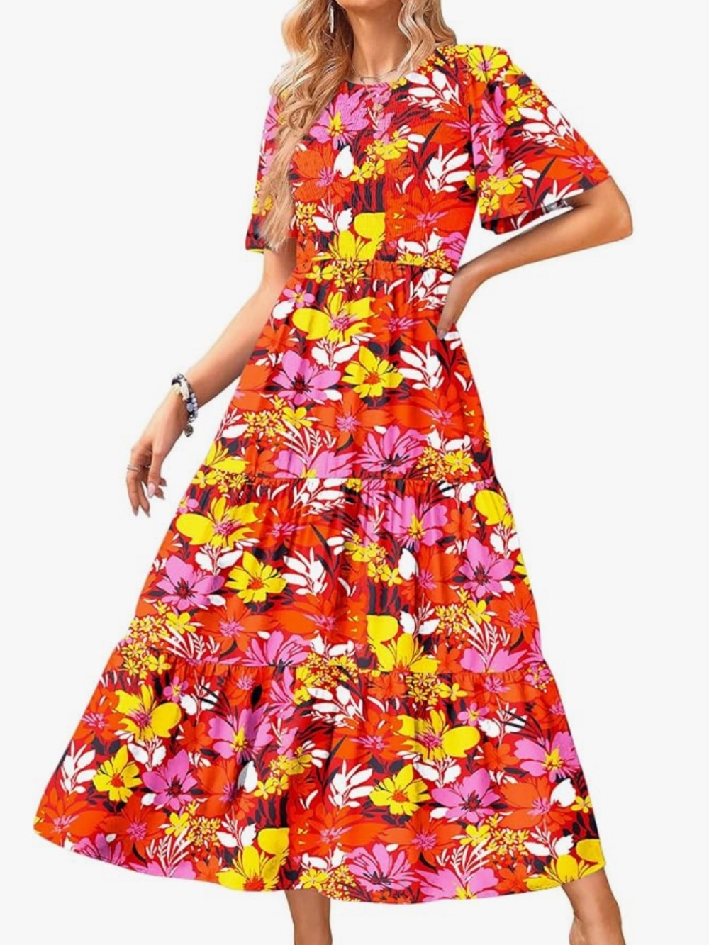 KIRUNDO Summer Smocked Flowy Tiered Aline Midi Dress